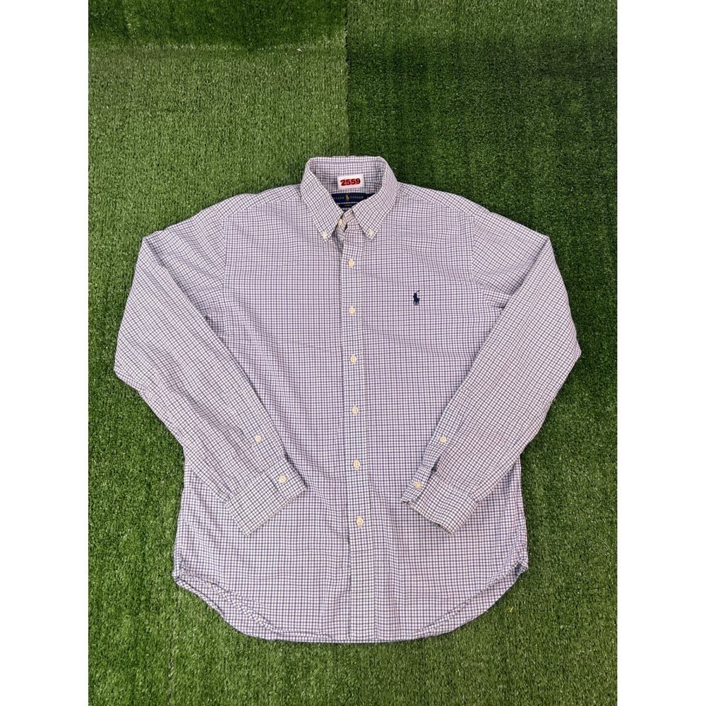 Ralph Lauren Slim Fit Blue White Micro Check Button Down Shirt Mens Large
